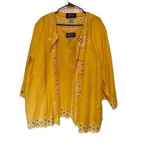 Bob Mackie Top Womens 3X Eyelet Linen Blend Vintage Yellow White 2-Piece Art